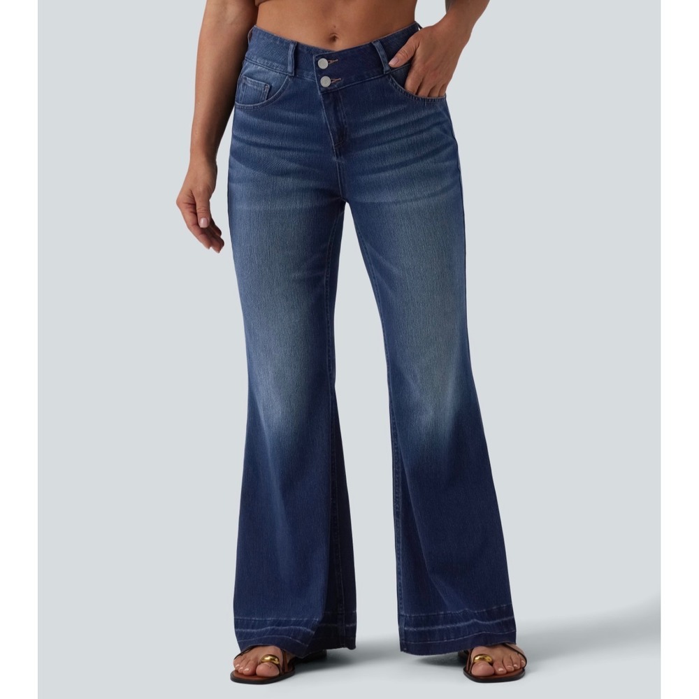 Halara Flex Asymmetric Mid Rise Casual Flare Jeans Blue Denim Medium Pockets NWT